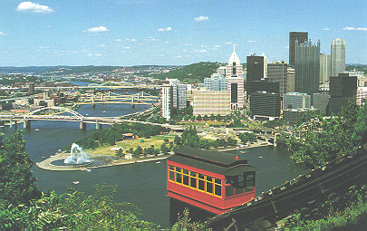 Image of Duquesne Incline Car overlooking Pittsburgh's Golden Triangle