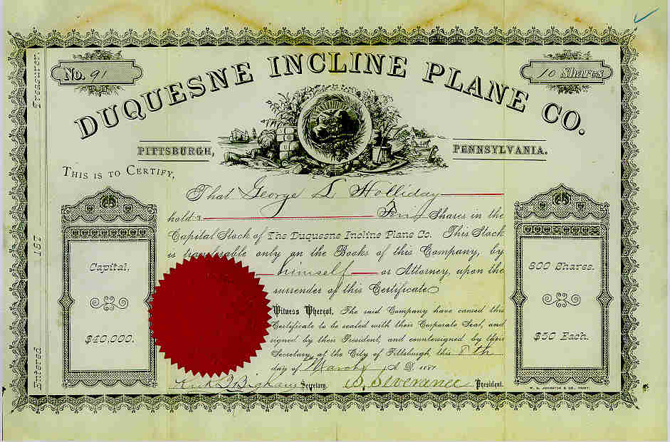 Stock Certificate from the Duquesne Inclined Plane
Company