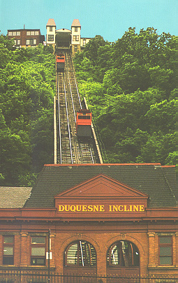View of two Duquesne Incline cars, tracks, and stations