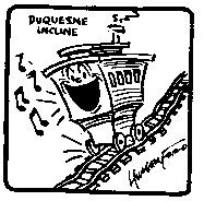 Hungerford cartoon of happy Duquesne Incline car